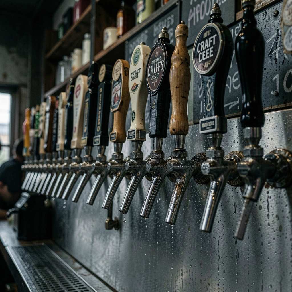 A row of beer taps in a dim taproom
